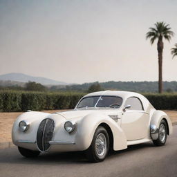 Bugatti cars reimagined into a 1940s vintage style, blending Bugatti's classic aerodynamic designs with the elegant, curvy aesthetics of 1940s cars.