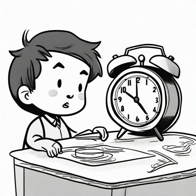 A hand-drawn style illustration of a young boy named Xiao Ming who has just entered his home and sees an ugly alarm clock on the table