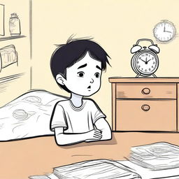 A hand-drawn style illustration of a young boy named Xiao Ming who has just entered his home and sees an ugly alarm clock on the table