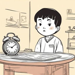 A hand-drawn style illustration of a young boy named Xiao Ming who has just entered his home and sees an ugly alarm clock on the table