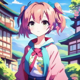 A detailed illustration of an anime girl with large expressive eyes, colorful hair, and a vibrant outfit, standing in a picturesque background