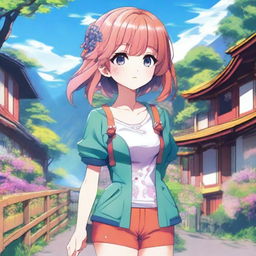 A detailed illustration of an anime girl with large expressive eyes, colorful hair, and a vibrant outfit, standing in a picturesque background