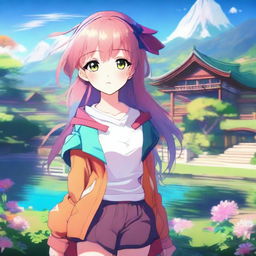 A detailed illustration of an anime girl with large expressive eyes, colorful hair, and a vibrant outfit, standing in a picturesque background