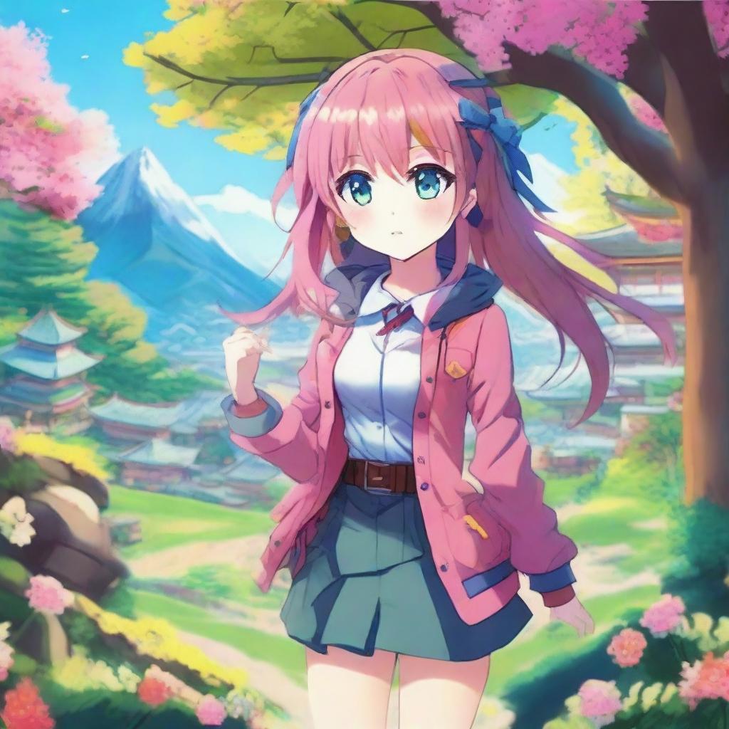 A detailed illustration of an anime girl with large expressive eyes, colorful hair, and a vibrant outfit, standing in a picturesque background