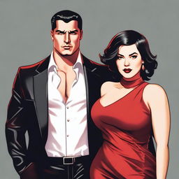 A beautiful woman with short black hair, chubby and curvy, wearing a red dress and red lipstick, looking seductively at a man