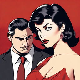 A beautiful woman with short black hair, chubby and curvy, wearing a red dress and red lipstick, looking seductively at a man