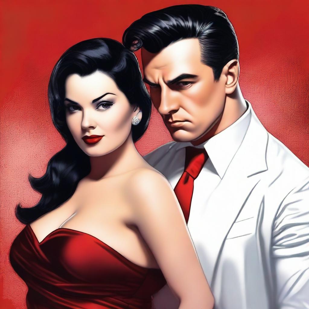 A beautiful woman with short black hair, chubby and curvy, wearing a red dress and red lipstick, looking seductively at a man