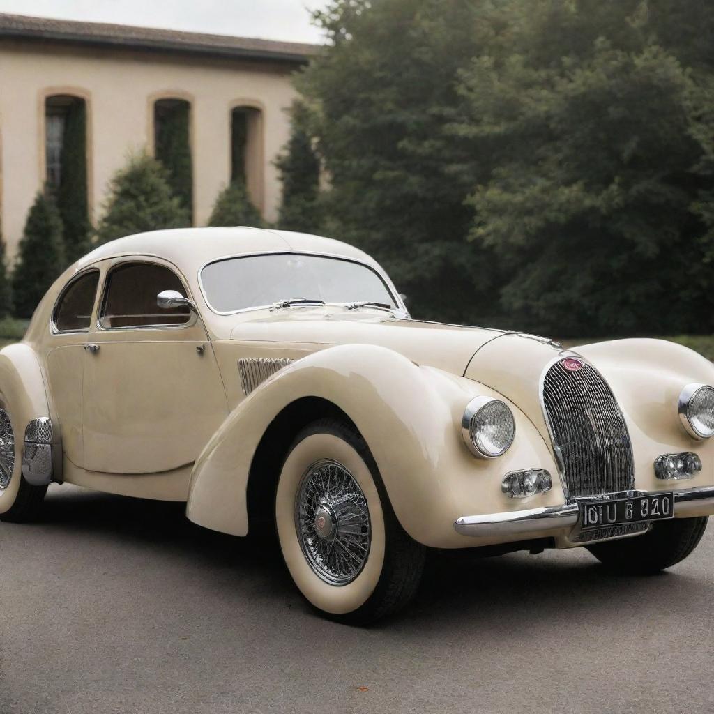 Bugatti cars reimagined into a 1940s vintage style, blending Bugatti's classic aerodynamic designs with the elegant, curvy aesthetics of 1940s cars.