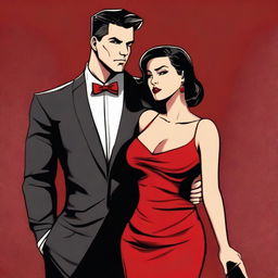 A beautiful woman with short black hair, chubby and curvy, wearing a red dress and red lipstick, looking seductively at a man