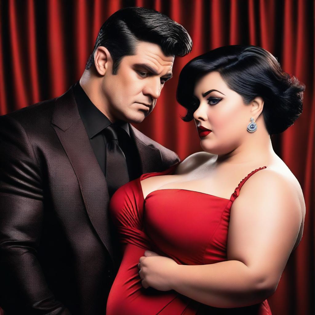 A beautiful woman with short black hair, chubby and curvy, wearing a red dress and red lipstick, looking seductively at a man