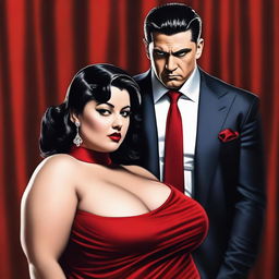 A beautiful woman with short black hair, chubby and curvy, wearing a red dress and red lipstick, looking seductively at a man