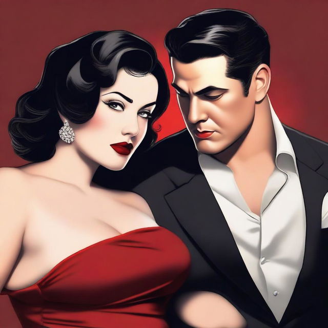 A beautiful woman with short black hair, chubby and curvy, wearing a red dress and red lipstick, looking seductively at a man