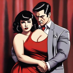 A beautiful woman with short black hair, chubby and curvy, wearing a red dress and red lipstick, looking seductively at a man