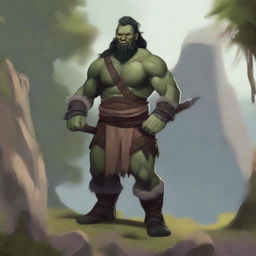 A laughing folk hero Barbarian Half-orc with a mullet top bun and small fangs standing up in a heroic stance