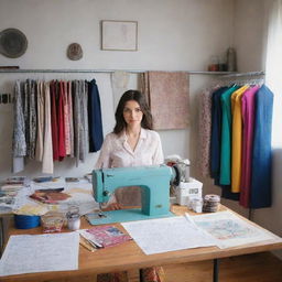 A well-organized fashion designer's studio filled with sketches, patterns, and fabrics. An industrial sewing machine, Ankara clothes, inspirational images, colored threads, mannequins and swatches all neatly arranged.