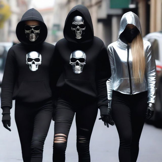 Zendaya, Florence Pugh, and Margot Robbie are depicted wearing scary silver metallic skull masks