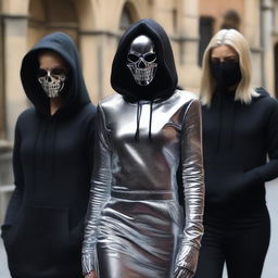 Zendaya, Florence Pugh, and Margot Robbie are depicted wearing scary silver metallic skull masks