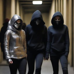 Zendaya, Florence Pugh, and Margot Robbie are depicted wearing scary silver metallic skull masks