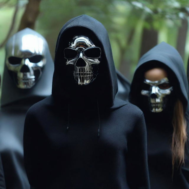 Zendaya, Florence Pugh, and Margot Robbie are depicted wearing scary silver metallic skull masks