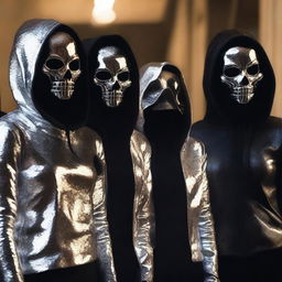 Zendaya, Florence Pugh, and Margot Robbie are depicted wearing scary silver metallic skull masks