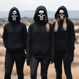 Zendaya, Florence Pugh, and Margot Robbie are depicted wearing scary silver metallic skull masks