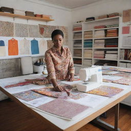 A well-organized fashion designer's studio filled with sketches, patterns, and fabrics. An industrial sewing machine, Ankara clothes, inspirational images, colored threads, mannequins and swatches all neatly arranged.