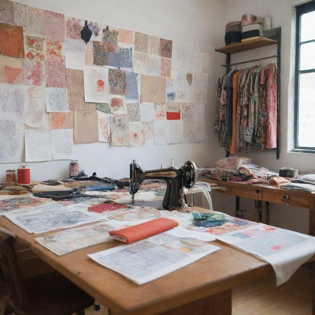 A well-organized fashion designer's studio filled with sketches, patterns, and fabrics. An industrial sewing machine, Ankara clothes, inspirational images, colored threads, mannequins and swatches all neatly arranged.