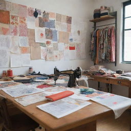 A well-organized fashion designer's studio filled with sketches, patterns, and fabrics. An industrial sewing machine, Ankara clothes, inspirational images, colored threads, mannequins and swatches all neatly arranged.