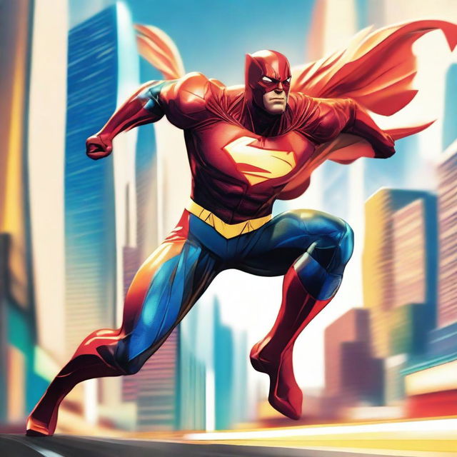 A dynamic and powerful superhero with super speed, depicted in a vibrant scene