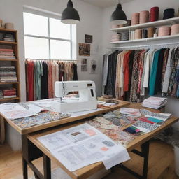 A well-organized fashion designer's studio filled with sketches, patterns, and fabrics. An industrial sewing machine, Ankara clothes, inspirational images, colored threads, mannequins and swatches all neatly arranged.