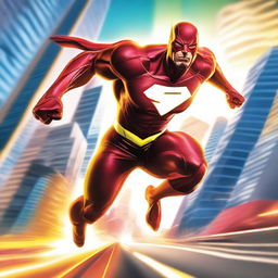 A dynamic and powerful superhero with super speed, depicted in a vibrant scene