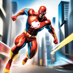 A dynamic and powerful superhero with super speed, depicted in a vibrant scene