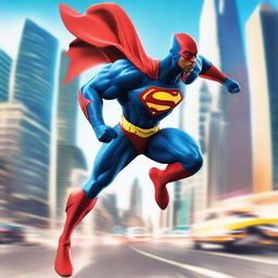 A dynamic and powerful superhero with super speed, depicted in a vibrant scene