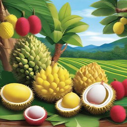 Create an image of a countryside scene filled with many durian and rambutan fruits