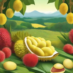 Create an image of a countryside scene filled with many durian and rambutan fruits