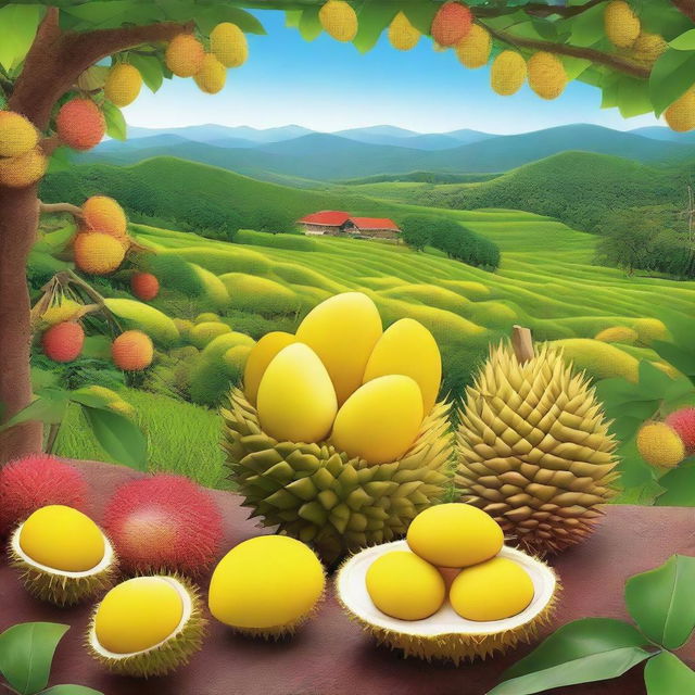 Create an image of a countryside scene filled with many durian and rambutan fruits