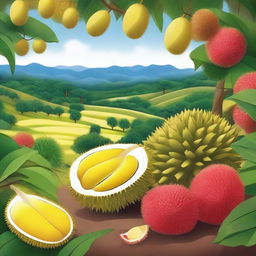 Create an image of a countryside scene filled with many durian and rambutan fruits