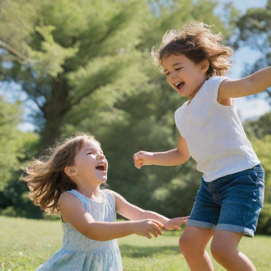 A young girl and boy playing gleefully in a sunny outdoor park, surrounded by lush greenery and a blue sky