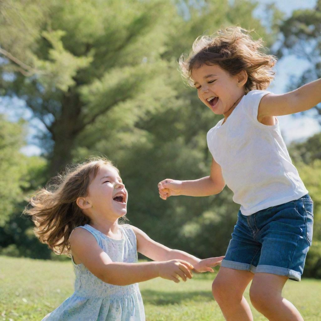 A young girl and boy playing gleefully in a sunny outdoor park, surrounded by lush greenery and a blue sky