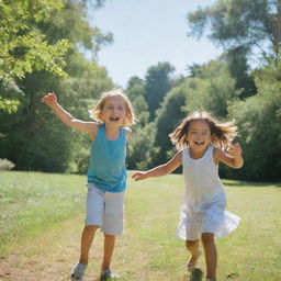 A young girl and boy playing gleefully in a sunny outdoor park, surrounded by lush greenery and a blue sky