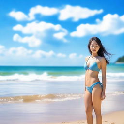 A beautiful Asian girl wearing a bikini, standing on a sunny beach with clear blue skies and sparkling ocean waves in the background