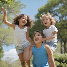 A young girl and boy playing gleefully in a sunny outdoor park, surrounded by lush greenery and a blue sky