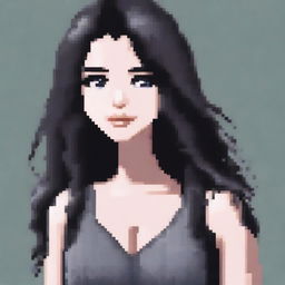 A realistic depiction of a girl with long black hair, grey eyes, and a mole