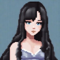 A realistic depiction of a girl with long black hair, grey eyes, and a mole