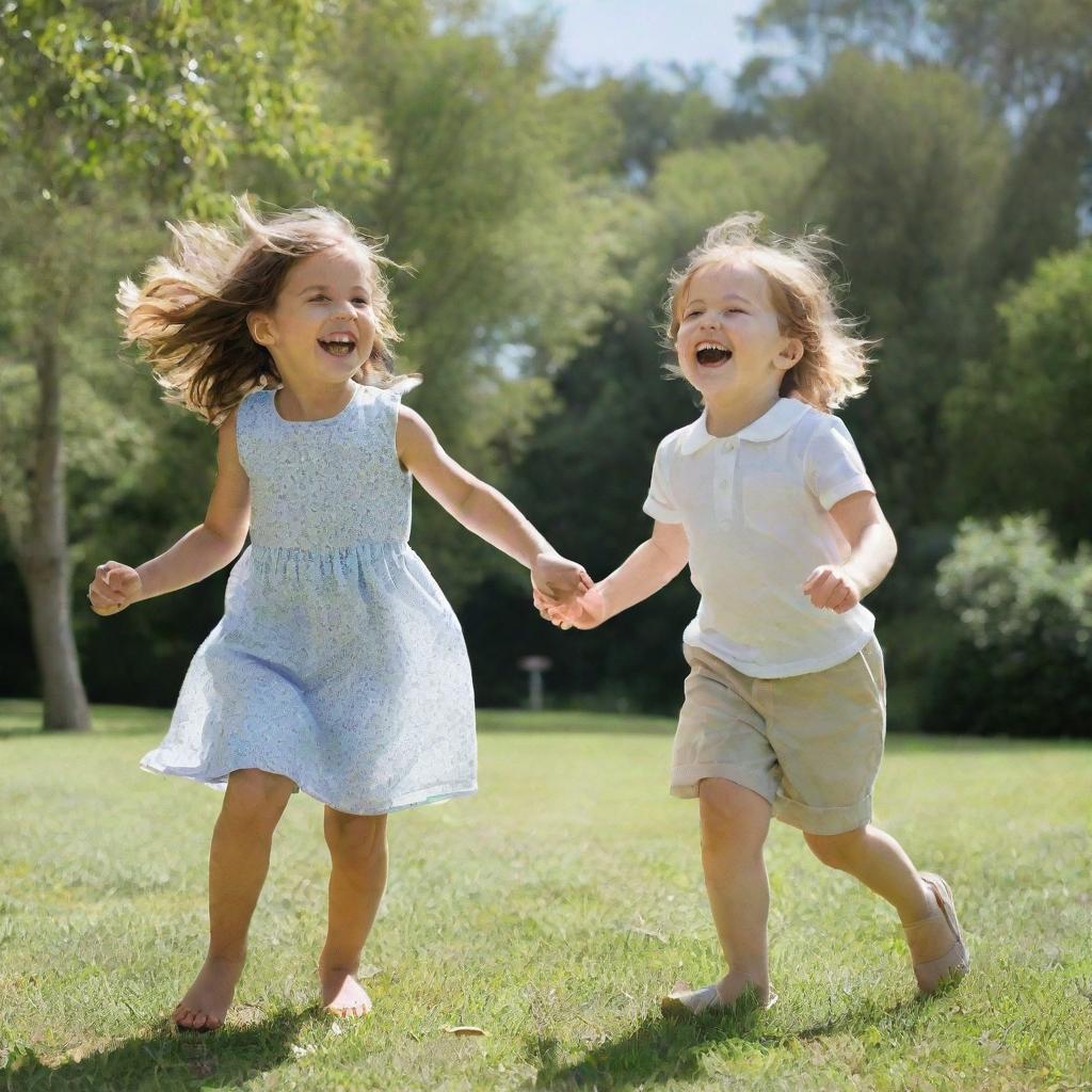 A young girl and boy playing gleefully in a sunny outdoor park, surrounded by lush greenery and a blue sky