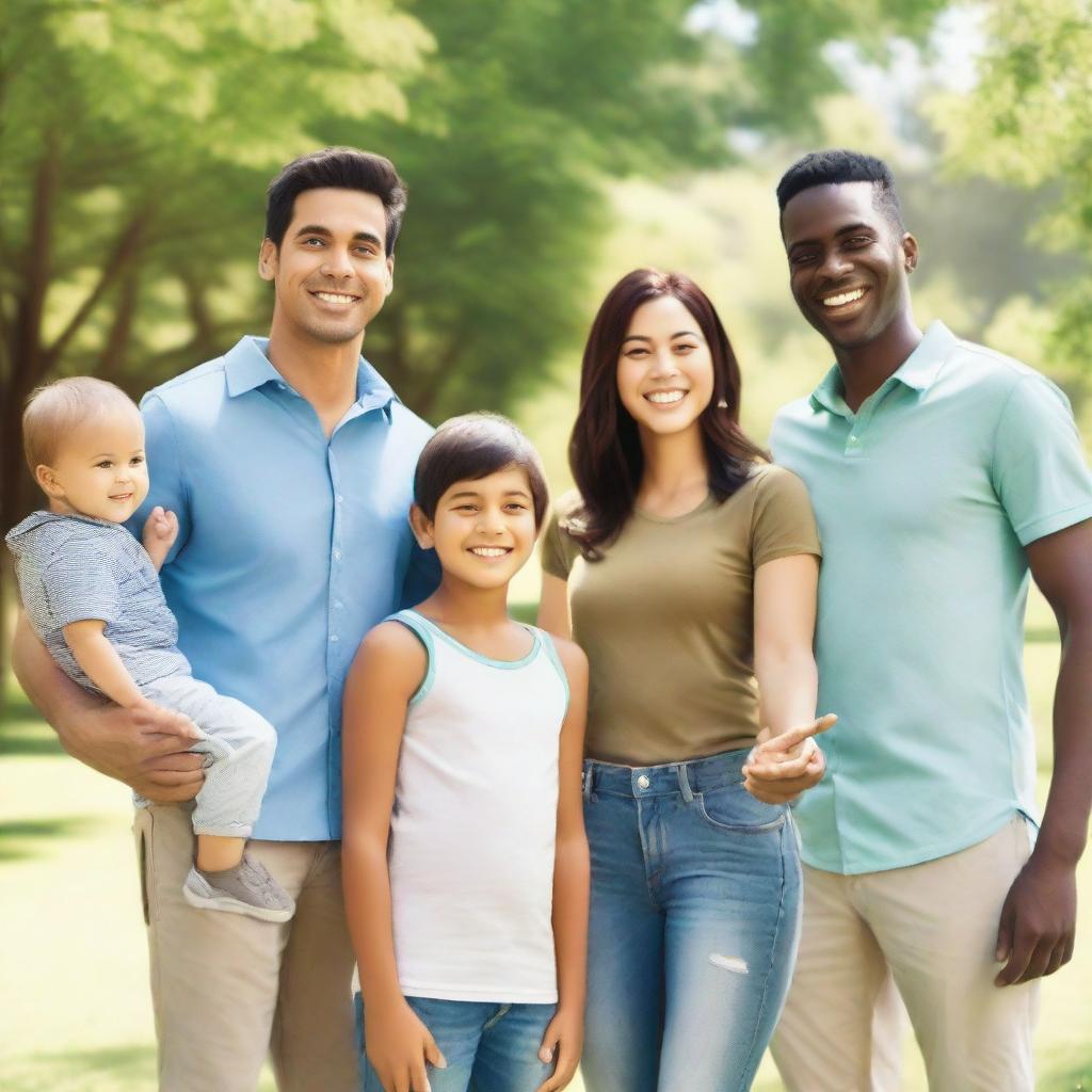 A woman standing with four men and her little kid