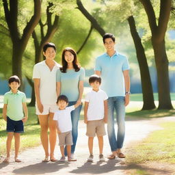 A woman standing with four men and her little kid