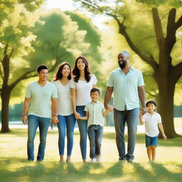 A woman standing with four men and her little kid