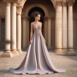 A beautiful model wearing an elegant evening dress