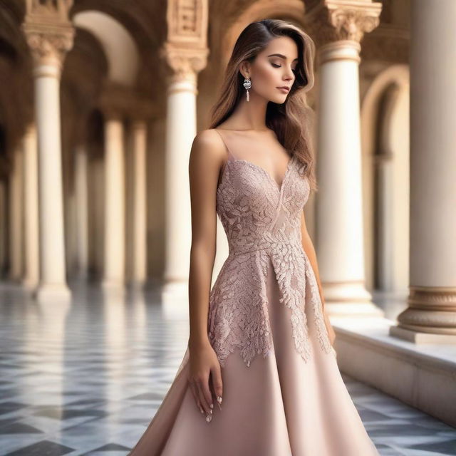 A beautiful model wearing an elegant evening dress